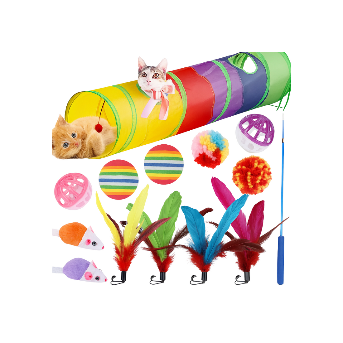 Cat toy set with tunnel, balls, and feather toys on a white background