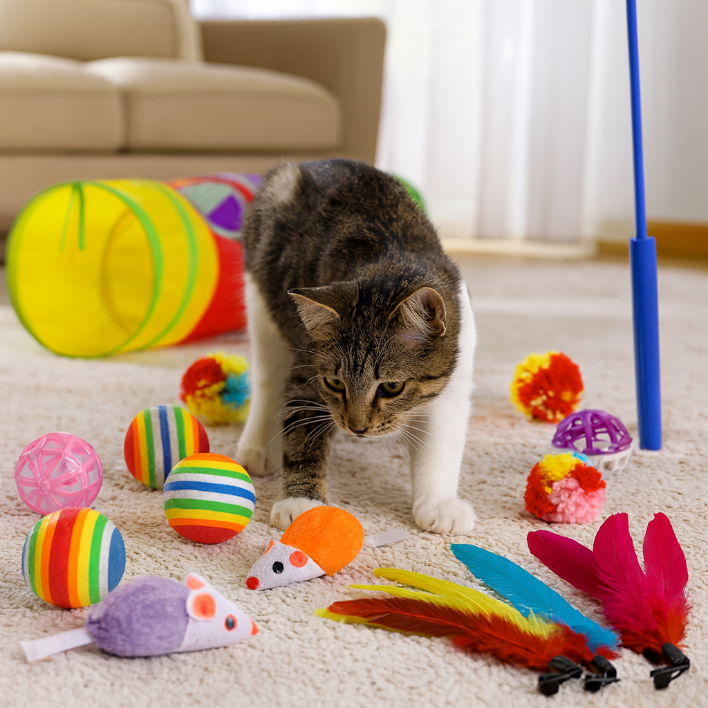Cat toy set with tunnel, balls, and feather toys on a white background