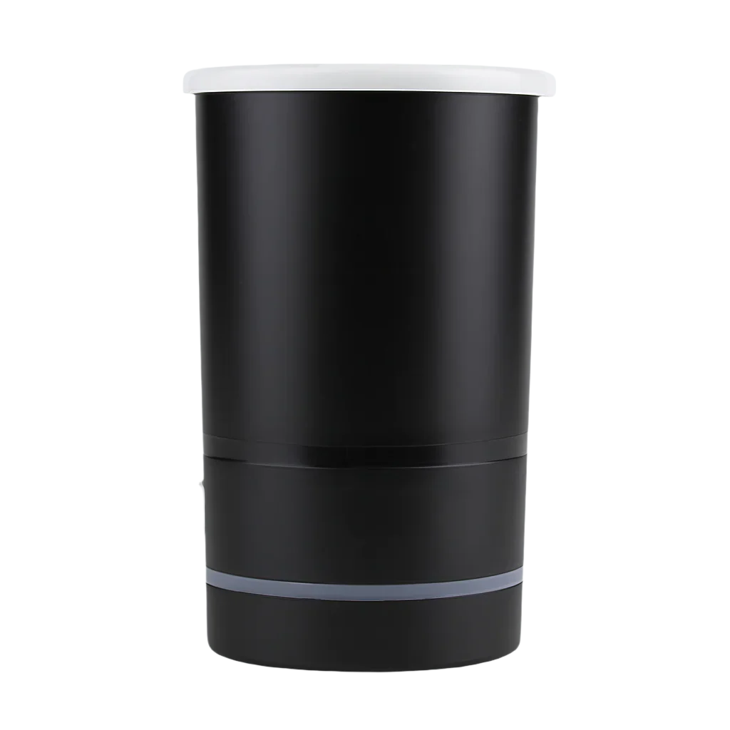 Black cylindrical container with a white top on a light gray background