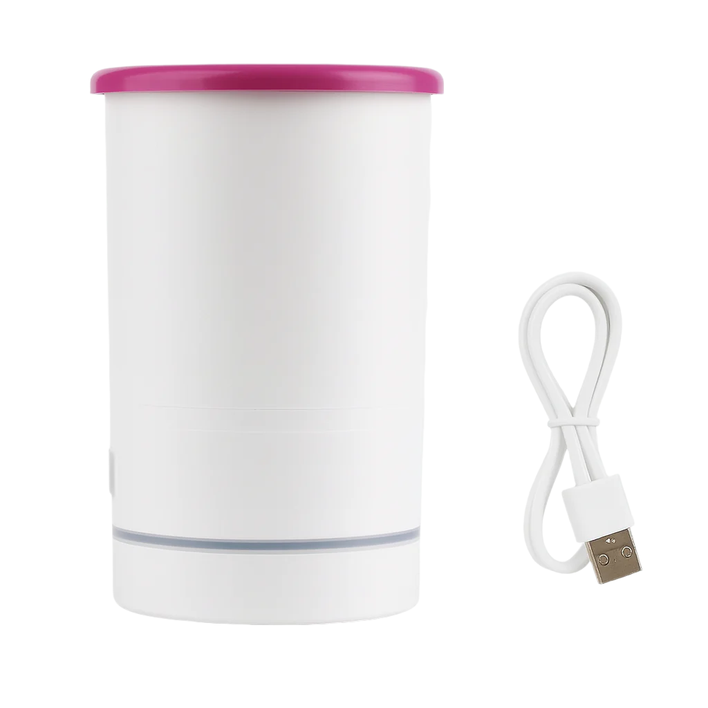 White container with pink lid and USB cable on a white background