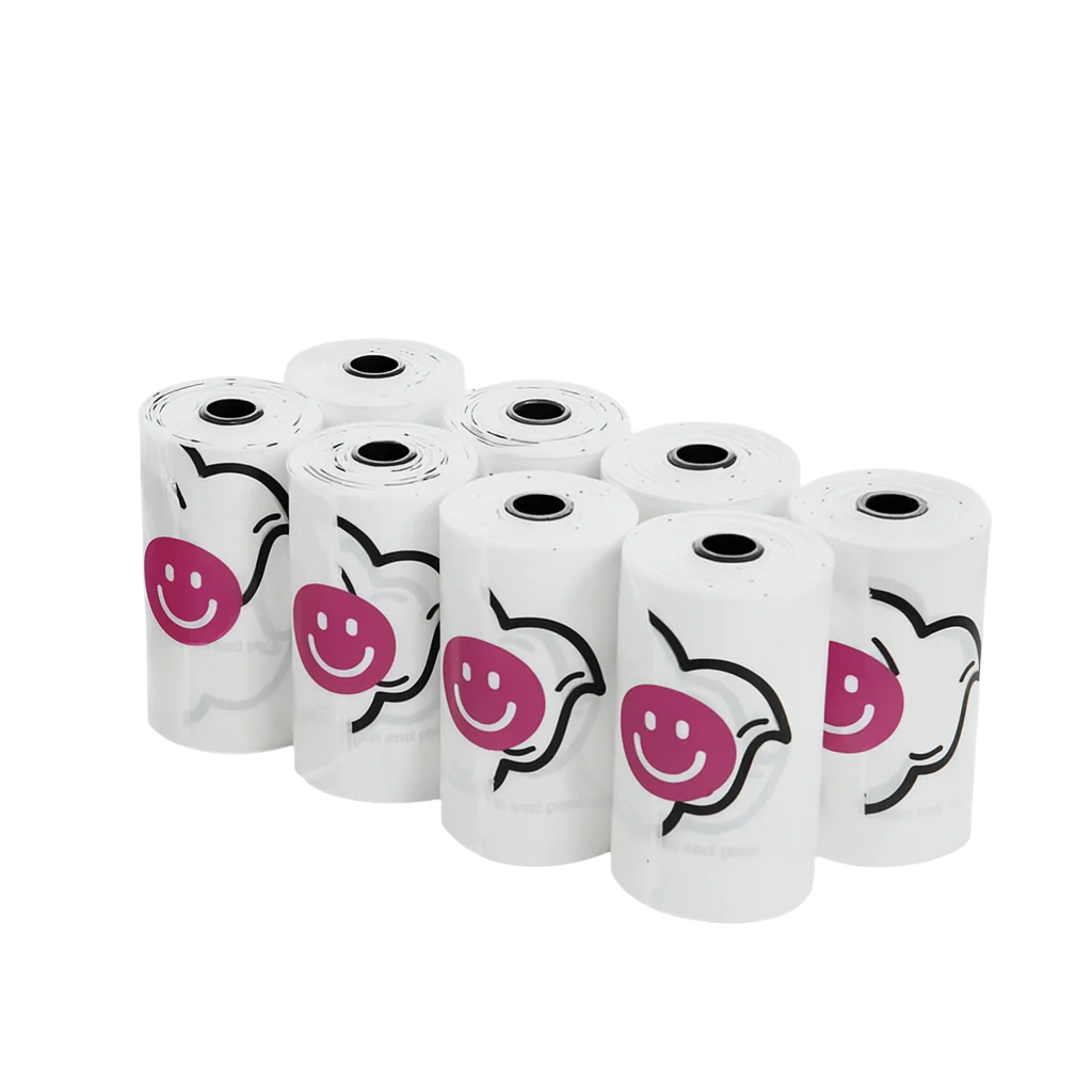 Set of white rolls with pink smiley face designs on a white background