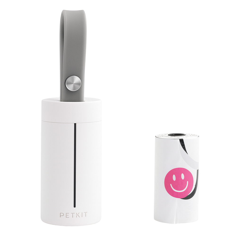 White pet water bottle with gray handle and pink smiley face design on a white background