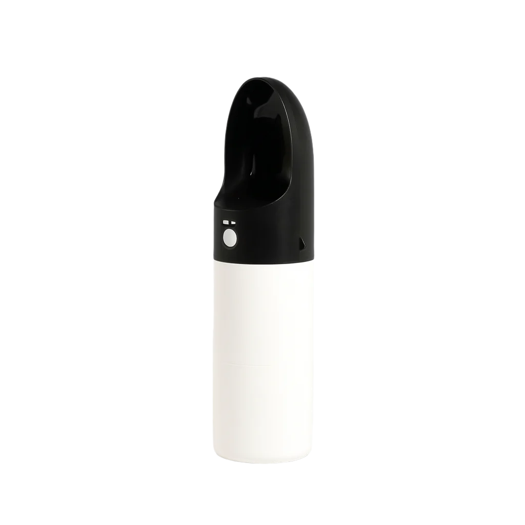 Black and white dog water bottle on a white background